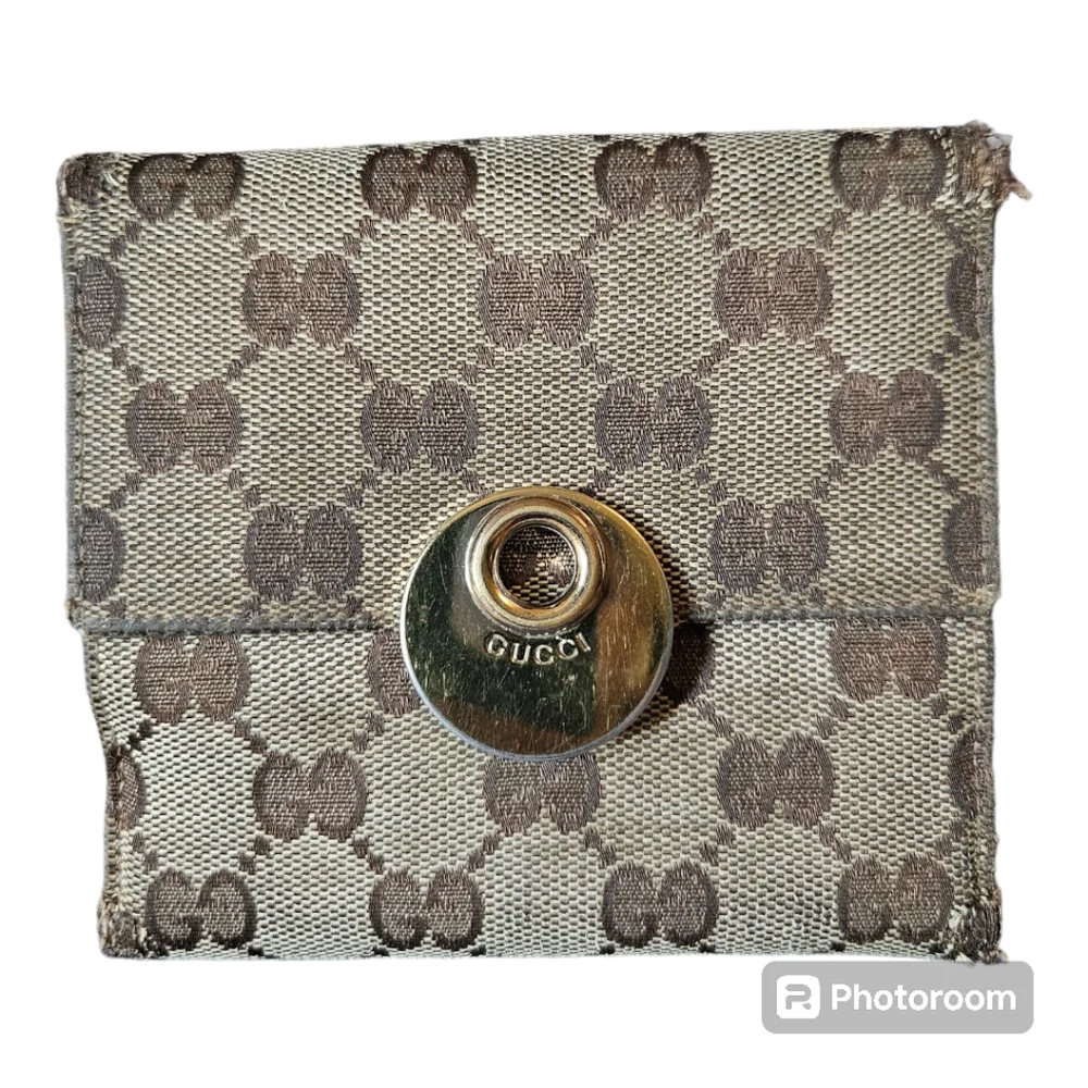 Gucci Monogram Eclipse Wallet Compact Canvas Leather Brown Cream